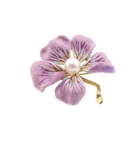 Art Nouveau 14K Gold Enamel &amp; Pearl Flower Brooch