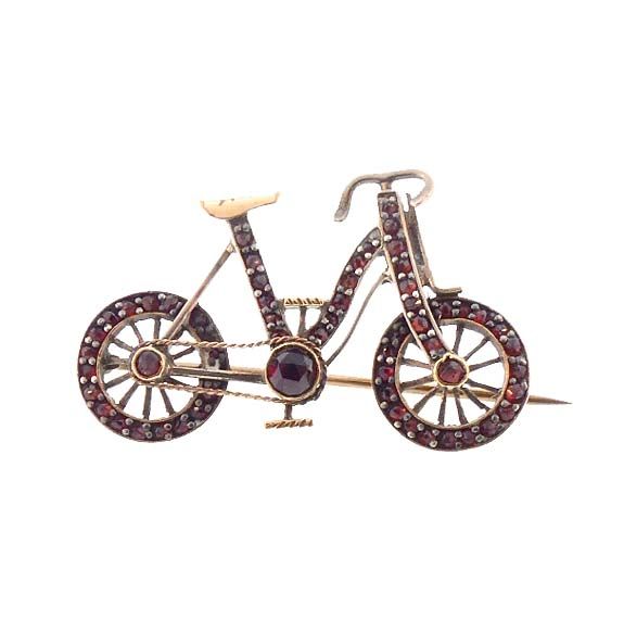 Figural Victorian Garnet & Gilt Silver Bicycle Pin