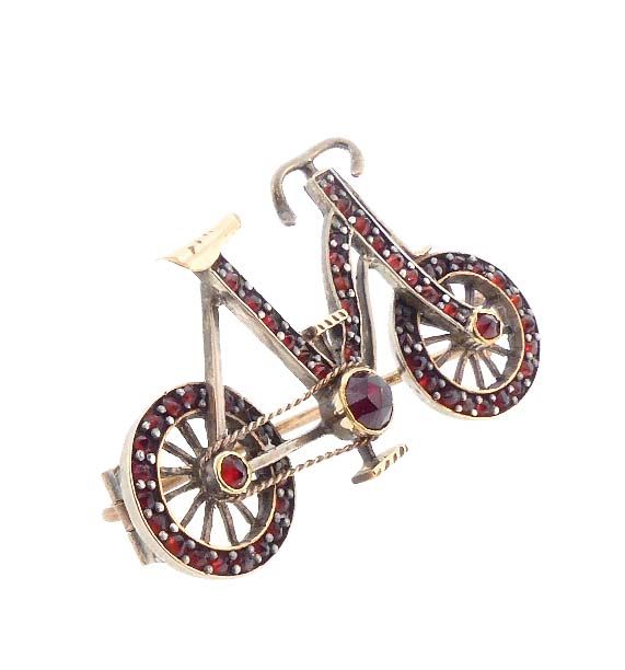 Figural Victorian Garnet &amp; Gilt Silver Bicycle Pin