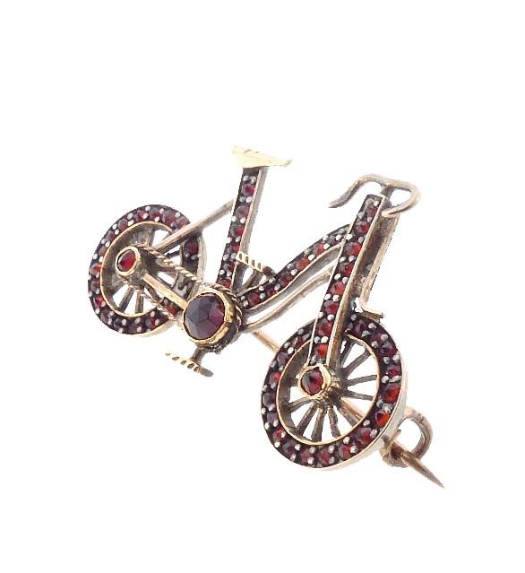 Figural Victorian Garnet &amp; Gilt Silver Bicycle Pin