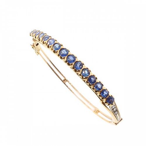 Edwardian Style 18K Gold, Sapphire & Diamond Bangle Bracelet