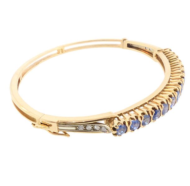Edwardian Style 18K Gold, Sapphire &amp; Diamond Bangle Bracelet