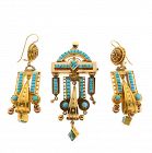 Victorian  Etruscan Revival 14K Gold & Turquoise Earrings & Pendant