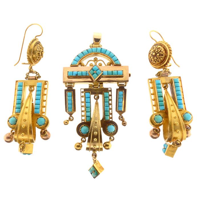 Victorian  Etruscan Revival 14K Gold &amp; Turquoise Earrings &amp; Pendant