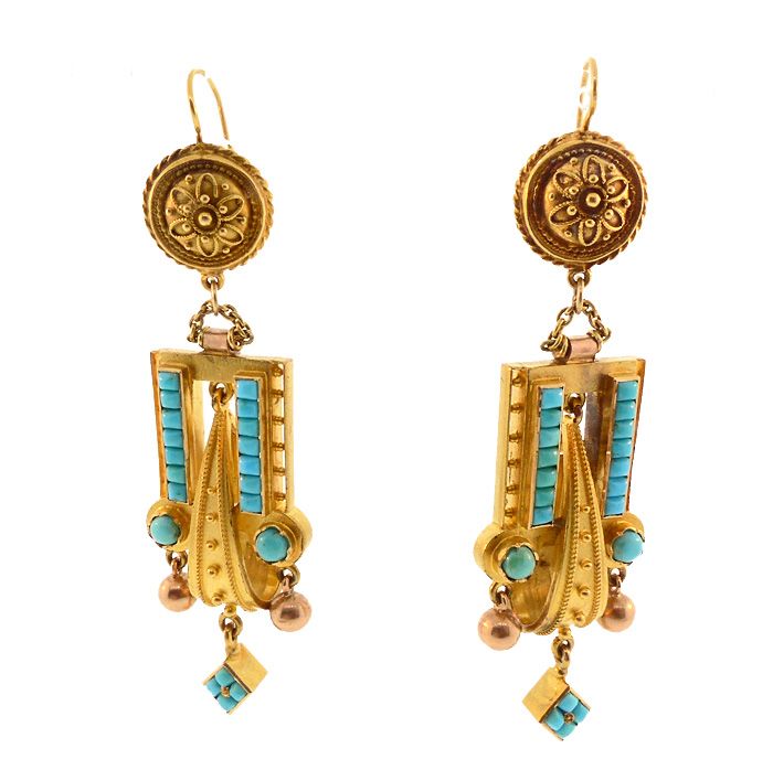 Victorian  Etruscan Revival 14K Gold &amp; Turquoise Earrings &amp; Pendant
