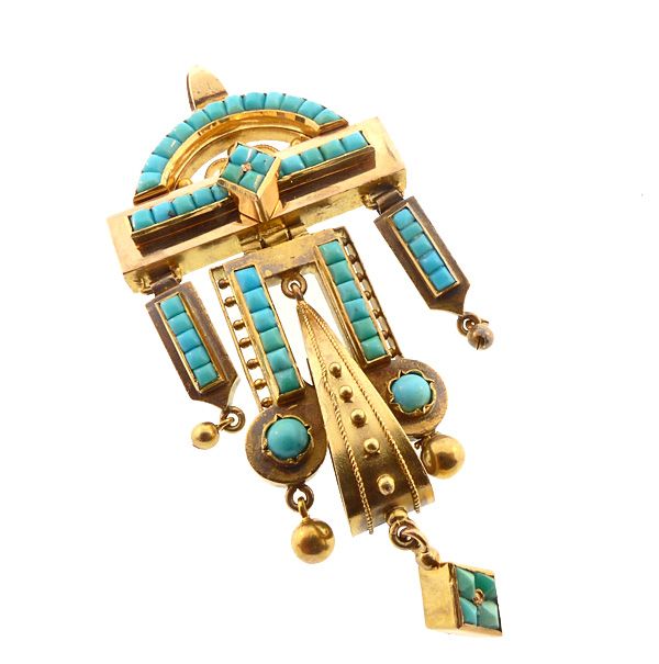 Victorian  Etruscan Revival 14K Gold &amp; Turquoise Earrings &amp; Pendant