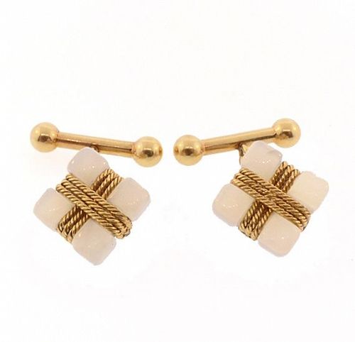 French 18K Gold & White Jasper Chalcedony Cufflinks