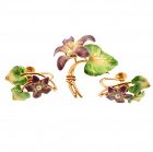 Krementz Art Nouveau 14K Enamel Pearl Violet Pin & Earrings