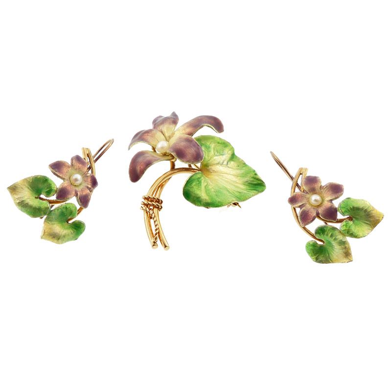 Krementz Art Nouveau 14K Enamel Pearl Violet Pendant/Brooch & Earrings
