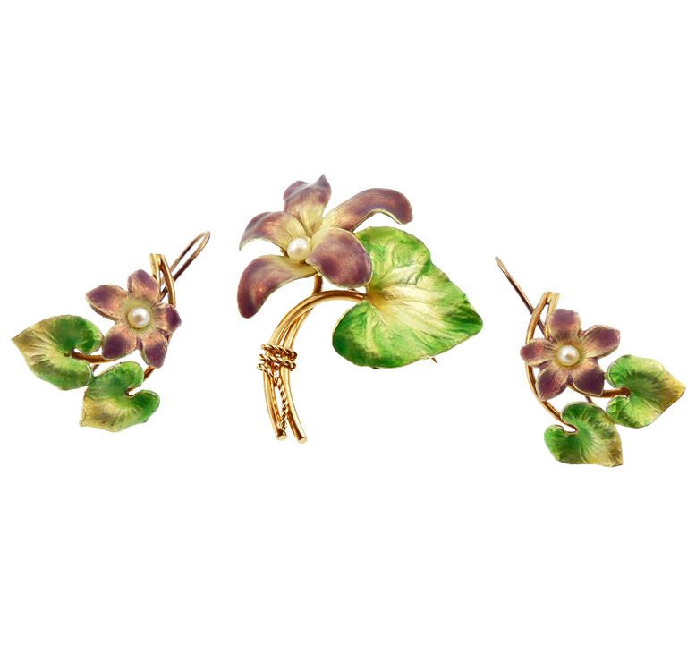 Krementz Art Nouveau 14K Enamel Pearl Violet Pendant/Brooch &amp; Earrings