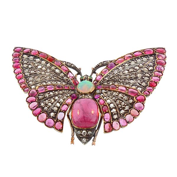 Victorian Gold Diamond Ruby Opal Tourmaline Emerald Butterfly Brooch