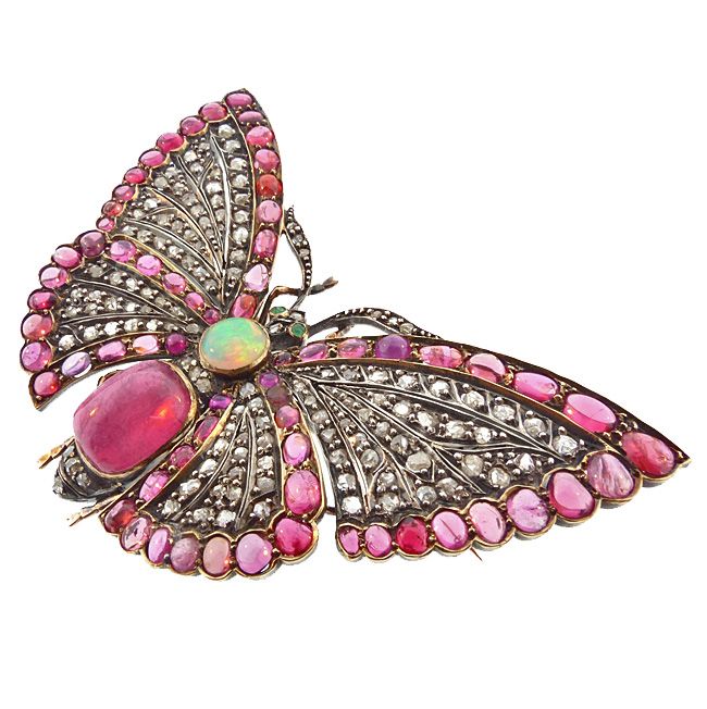 Victorian Gold Diamond Ruby Opal Tourmaline Emerald Butterfly Brooch