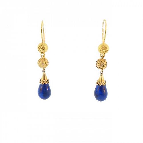 Victorian Etruscan Revival 15K Gold & Lapis Lazuli Pendant Earrings