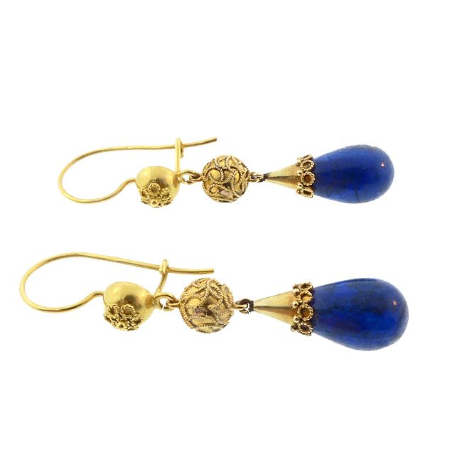 Victorian Etruscan Revival 15K Gold &amp; Lapis Lazuli Pendant Earrings