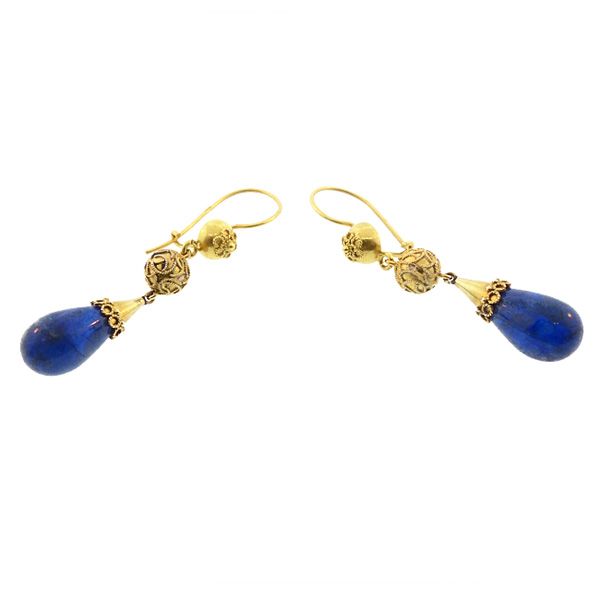 Victorian Etruscan Revival 15K Gold &amp; Lapis Lazuli Pendant Earrings