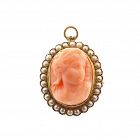 Edwardian 14K Gold Pearl & Coral Cameo Pendant / Brooch