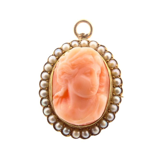 Edwardian 14K Gold Pearl &amp; Coral Cameo Pendant / Brooch