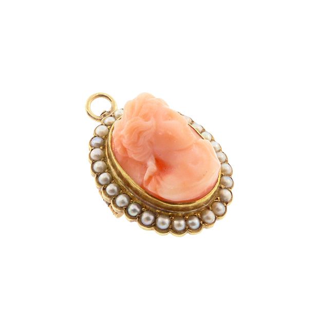 Edwardian 14K Gold Pearl &amp; Coral Cameo Pendant / Brooch