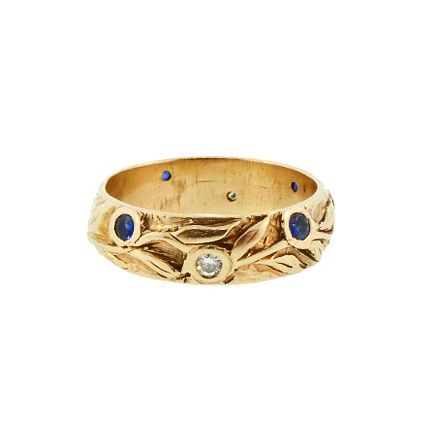 Art Nouveau 14K Gold, Diamond & Sapphire Gentleman's Wedding Band