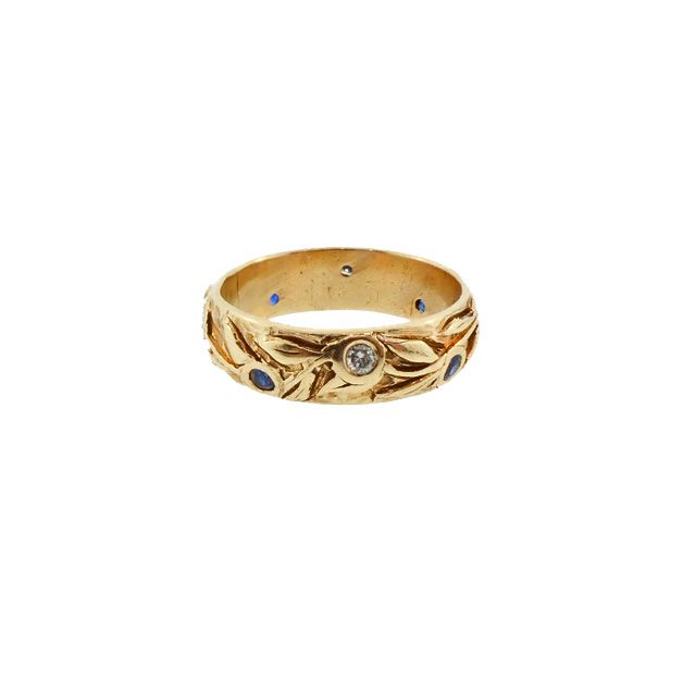 Art Nouveau 14K Gold, Diamond &amp; Sapphire Gentleman's Wedding Band