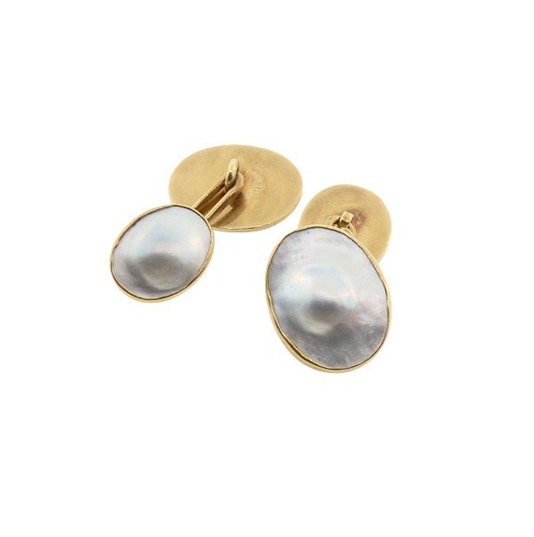 Edwardian Carrington 14K Gold &amp; Blister Pearl Cufflinks