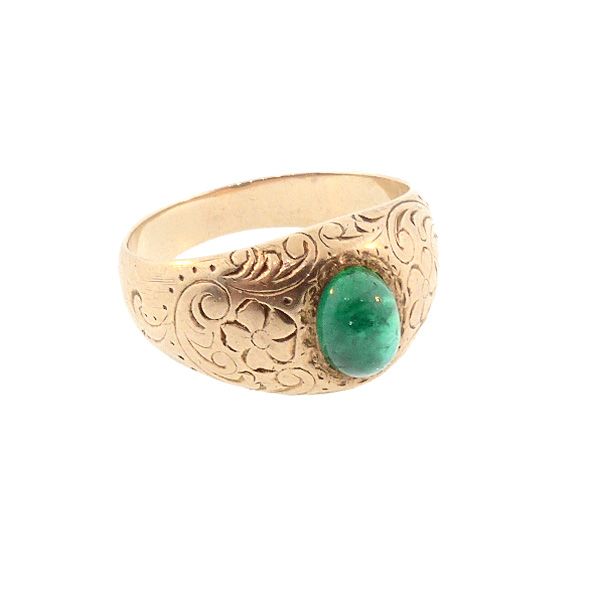 Victorian 14K Gold &amp; Cabochon Emerald Floral-Engraved Gypsy Ring