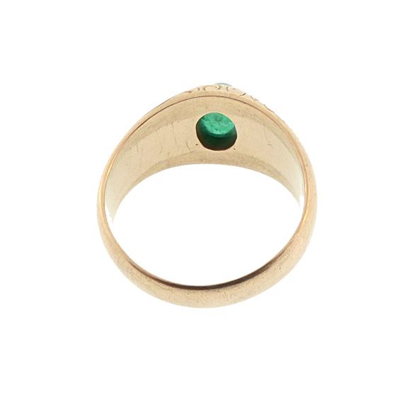 Victorian 14K Gold &amp; Cabochon Emerald Floral-Engraved Gypsy Ring