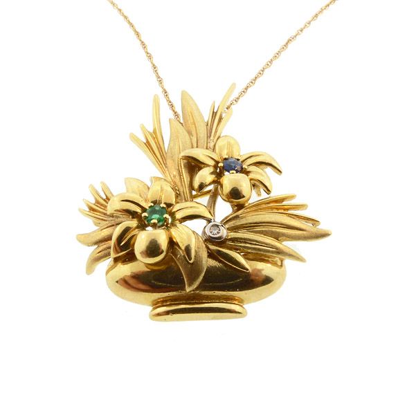 Retro 18K Gold, DIamond, Emerald &amp; Sapphire Flower Basket Pendant