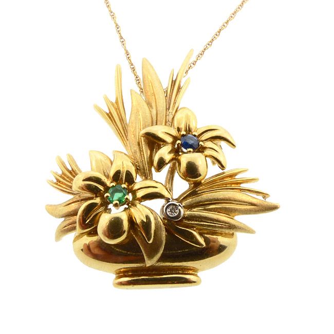 Retro 18K Gold, DIamond, Emerald &amp; Sapphire Flower Basket Pendant