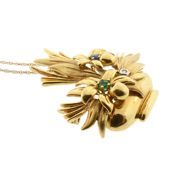 Retro 18K Gold, DIamond, Emerald &amp; Sapphire Flower Basket Pendant