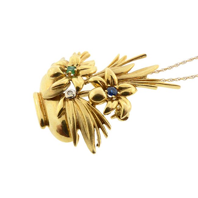 Retro 18K Gold, DIamond, Emerald &amp; Sapphire Flower Basket Pendant