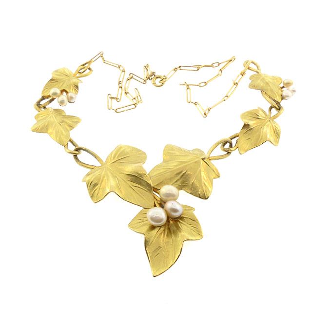 Edouard Aimé Arnould Art Nouveau 18K Gold &amp; Pearl Floral Ivy Necklace