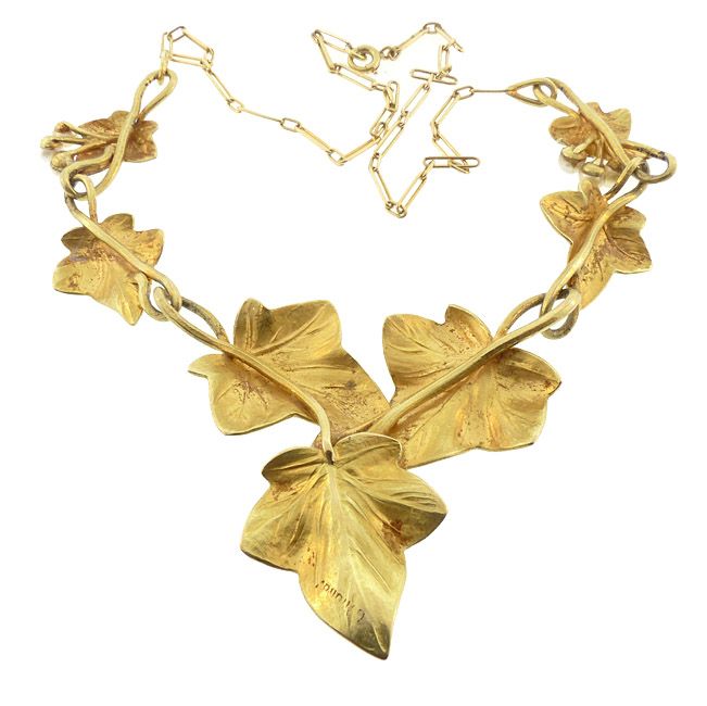 Edouard Aimé Arnould Art Nouveau 18K Gold &amp; Pearl Floral Ivy Necklace