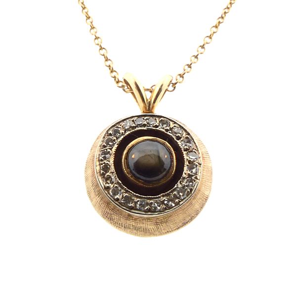 Mid-Century Modern 14K Gold, Diamond &amp; Black Star Sapphire Pendant