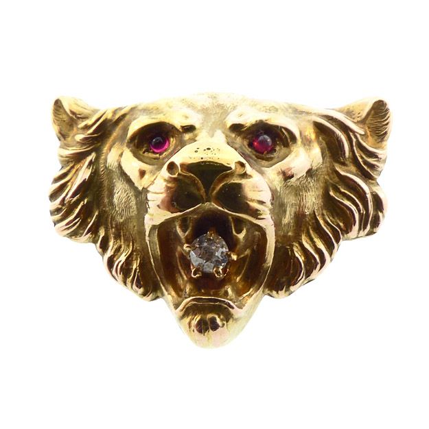 Victorian 14K Gold, Diamond &amp; Ruby Lion’s Head Brooch
