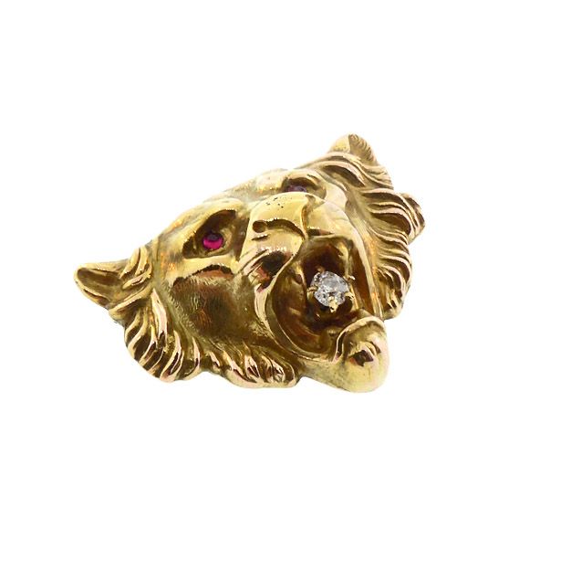 Victorian 14K Gold, Diamond &amp; Ruby Lion’s Head Brooch