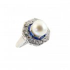 Art Deco Platinum, Diamond, Sapphire & Pearl Target Ring