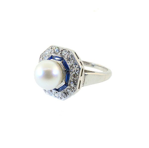 Art Deco Platinum, Diamond, Sapphire &amp; Pearl Target Ring