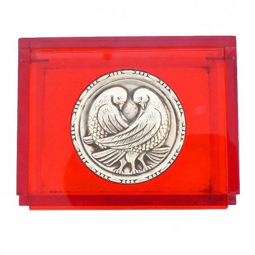 Art Deco Red Lucite & Sterling Silver Lovebirds Jewelry Box