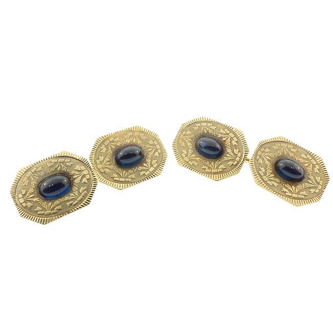 Edwardian 14K Gold &amp; Sapphire Cufflinks by Wordley Allsopp &amp; Bliss