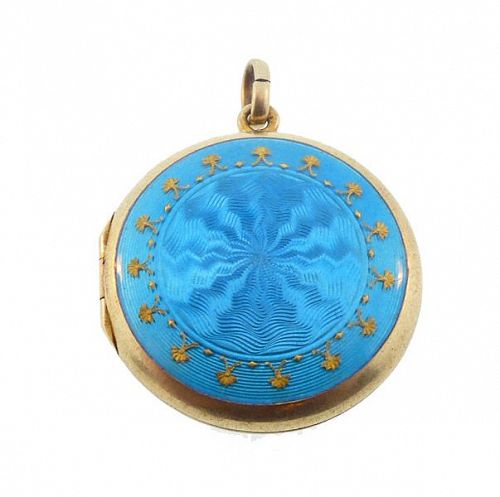 Turquoise Blue Guilloche Enamel Gilt Silver Edwardian Locket