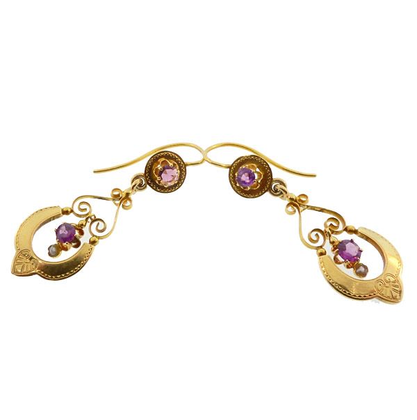 Victorian 18K Gold, Ruby &amp; Pearl Earrings