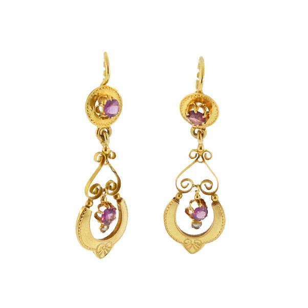Victorian 18K Gold, Ruby &amp; Pearl Earrings