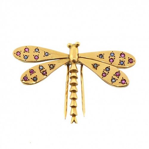 Retro Gold, Ruby & Sapphire Dragonfly Insect Brooch