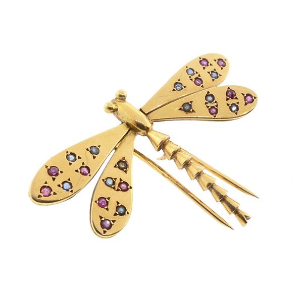 Retro Gold, Ruby &amp; Sapphire Dragonfly Insect Brooch