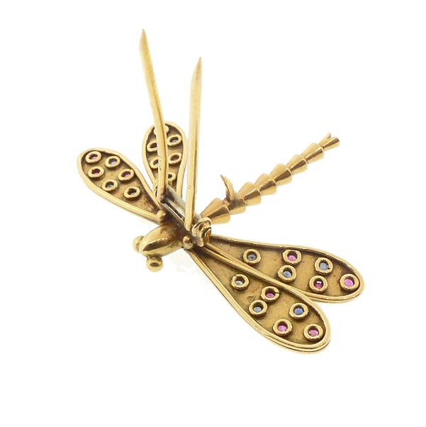 Retro Gold, Ruby &amp; Sapphire Dragonfly Insect Brooch