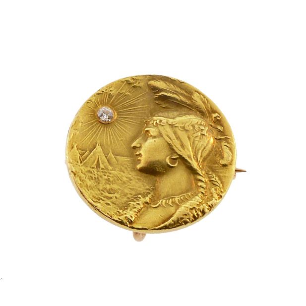 Art Nouveau 14K Gold & Diamond Sacagawea Medallion Watch Pin