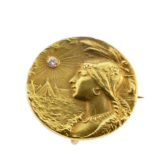Art Nouveau 14K Gold &amp; Diamond Sacagawea Medallion Watch Pin