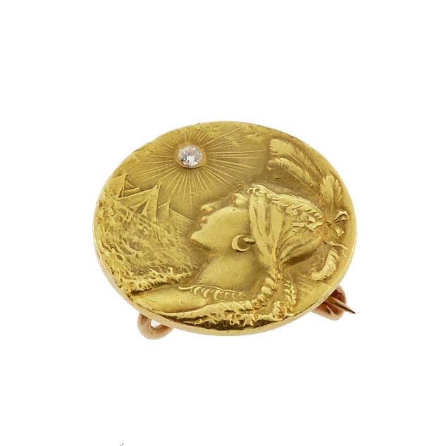Art Nouveau 14K Gold &amp; Diamond Sacagawea Medallion Watch Pin