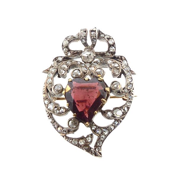Victorian Gold, Silver, Garnet &amp; Diamond Witch's Heart Brooch Pendant